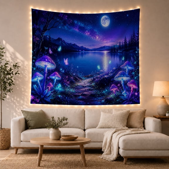 Glowing Mushrooms Beside a Path Toward a Moonlit Lake, Serene Surreal Art for Nature Lovers, Cosmic Forest Decor, Housewarming Gift Tapestry Wall Hanging for Bedroom and Dorm