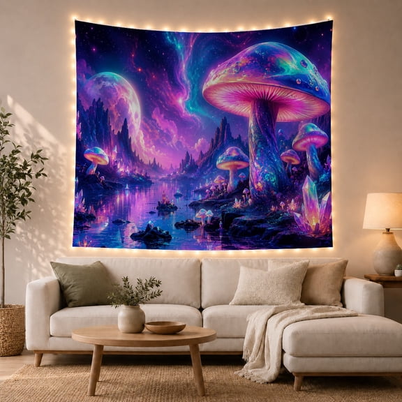 Glowing Mushrooms and Crystal Lake with Nebula Sky, Mystical Psychedelic for Fantasy Art Lovers, Nature Wall Art Decor, Birthday Gift Tapestry Wall Hanging for Bedroom and Living Room