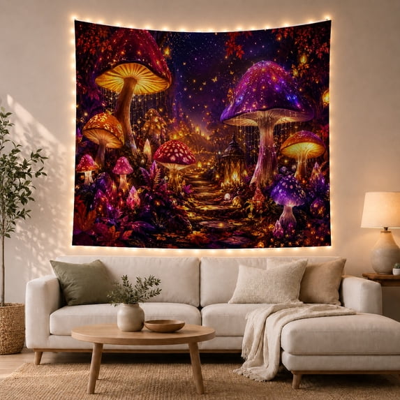 Glowing Mushrooms on Stone Path in Dark Woodland, Mystical Fantasy for Nature Lovers, Enchanted Forest Wall Decor, Halloween Gift Tapestry Wall Hanging for Bedroom and Living Room