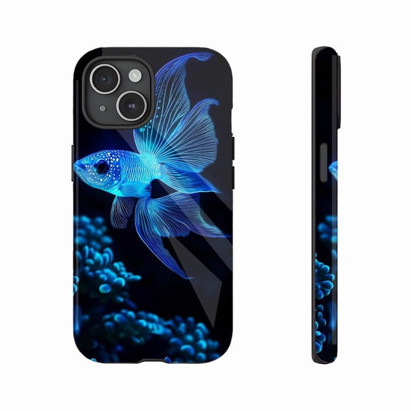 Glowing Neon Blue Fish Pattern Phone Case for Ocean Lovers Art Fans Compatible with iPhone 11/12/13/14/15/16 (Pro Max/Plus)