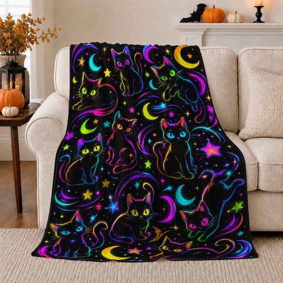 Glowing Neon Cats Celestial Moons Black, Playful Pet Portrait Pattern, Warm Flannel Blanket for Living Room and Bedroom, Cat Lovers Halloween Gift, Pet Lover Home Decor