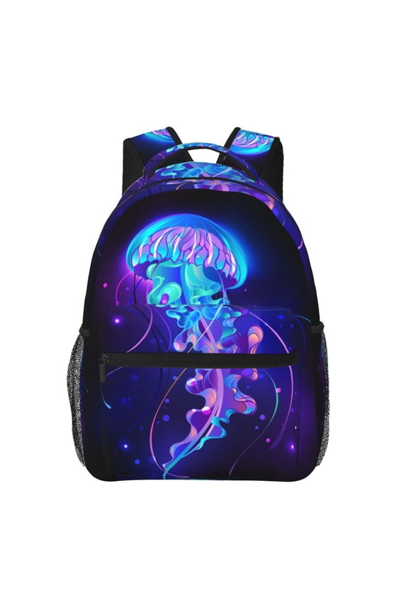 Glowing Neon Jellyfish Backpack Casual College Bag Zipper Laptop Daypack Hiking Rucksack Travel