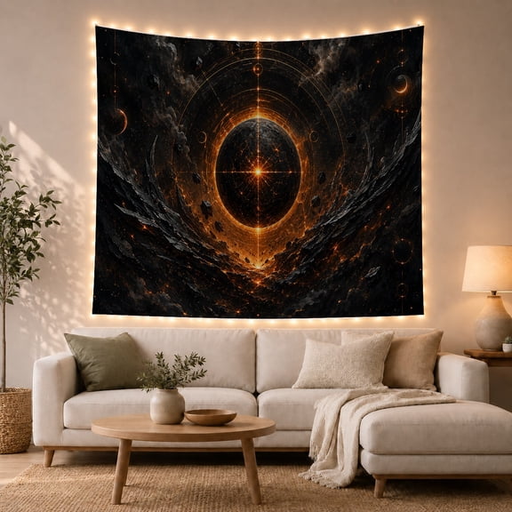 Glowing Orange Star Portal in Dark Vortex Mystical Surreal Art for Astronomy Enthusiasts, Celestial Sacred Geometry Decor, Birthday Gift Tapestry Wall Hanging for Bedroom and Living Room