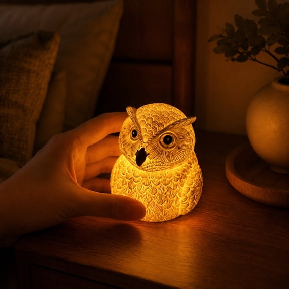 Glowing Owl Resin Ambient Night Light, Cute Animal Figurine Decorative Table Lamp, Warm Soft Light Ornament for Porch, Bedroom, Balcony, Living Room, Office Desk and Cozy Home Decoration, White