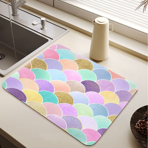 Glowing Pastel Mermaid Scale Diatomite Dish Drying Mat Drain Pad for Kitchen Sink Countertop 15.7" x 11.8"