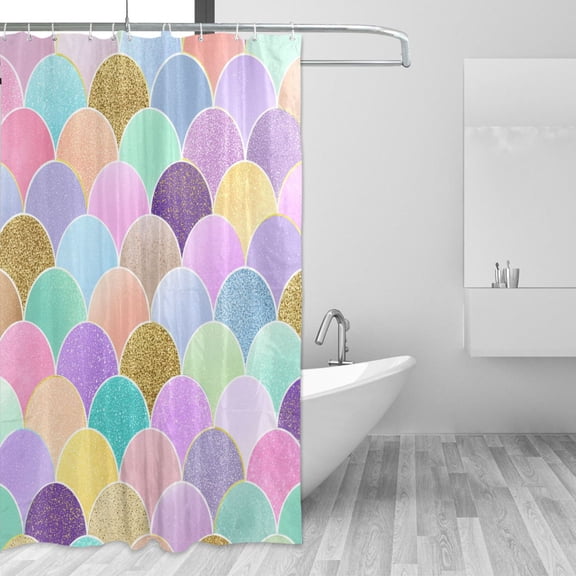 Glowing Pastel Mermaid Scale Shower Curtains with 12 Hooks Waterproof Bathroom Decor 66" x 72"