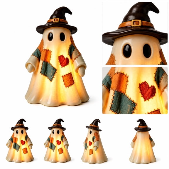 Glowing Patchwork Witch Ghost Resin Statue, Cute Rag Quilt Ghost Night Light, Compact 6.3Inches Mini Fall Harvest Halloween Tabletop Decor Gift