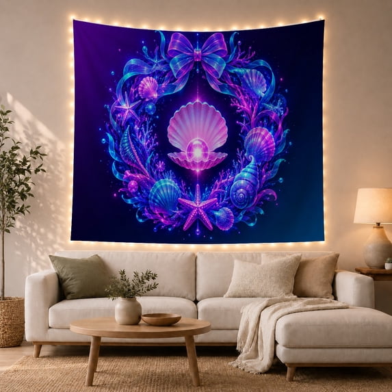 Glowing Pearl in Open Seashell on Deep Navy Marine Wreath, Mystical Fantasy for Coastal Lovers, Ocean Inspired Wall Decor, Housewarming Gift, Tapestry Wall Hanging for Bedroom and Living Room