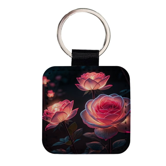 Glowing Pink Roses Beautiful Flowers Faux Leather Square Keychain