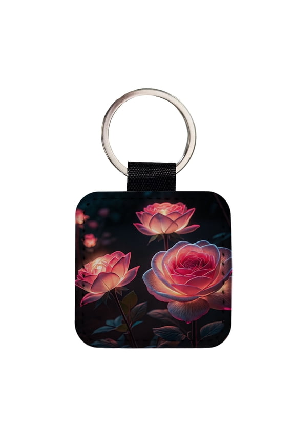 Glowing Pink Roses Beautiful Flowers Faux Leather Square Keychain