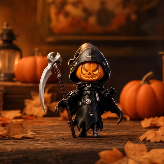 Glowing Pumpkin Grim Reaper Figurine, Resin Chibi Spooky Decor Mini Death Statue with Scythe for Tabletop Desktop Halloween Party Props
