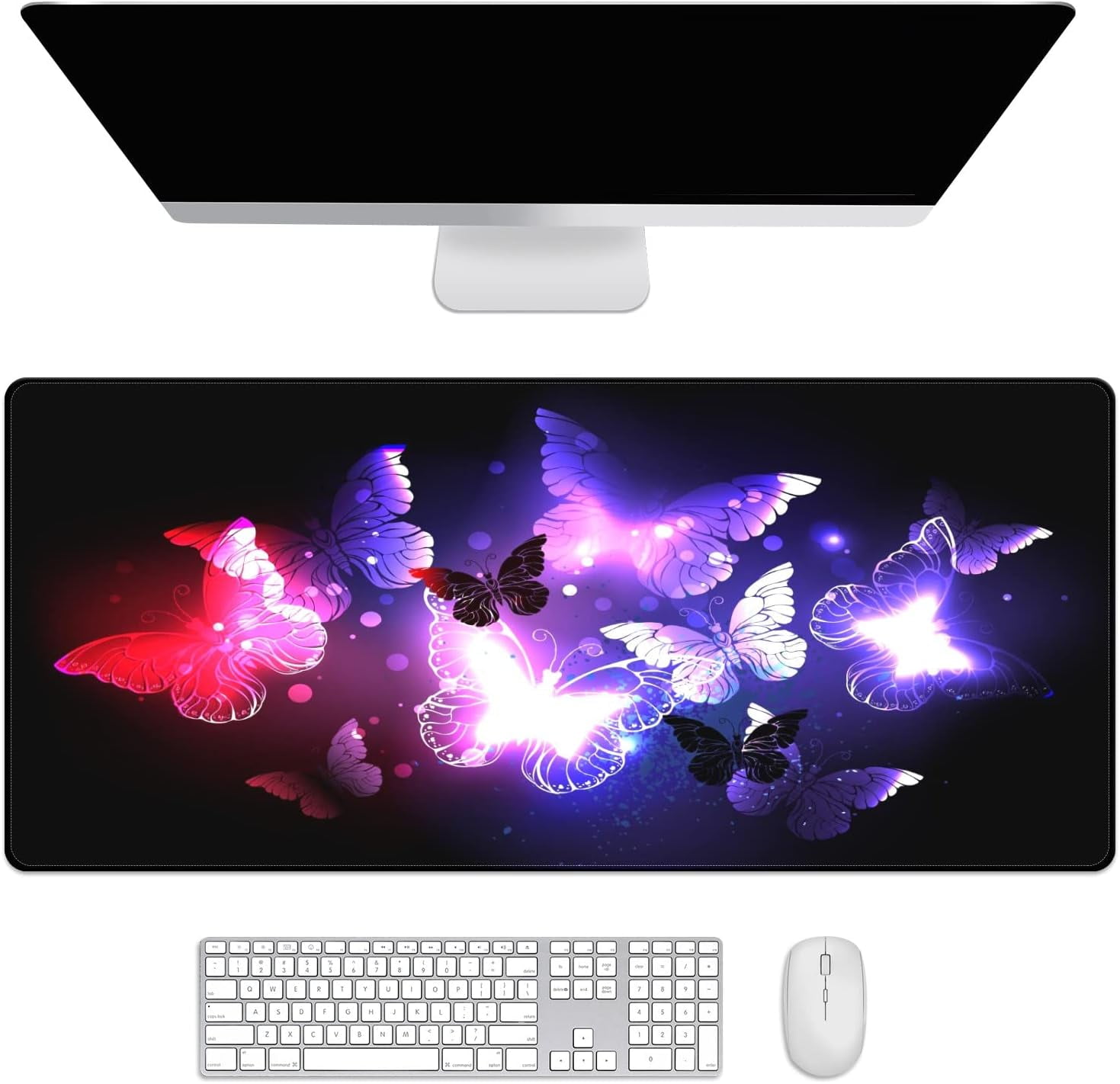 Glowing Purple Butterfly Desk Mat, Desk Accessory, Cute Workspace, Trendy Workspace, Trendy, 35.4x15.7in Large Gaming Mouse Pad, Cute Desk Topper, Pretty Desk Pad