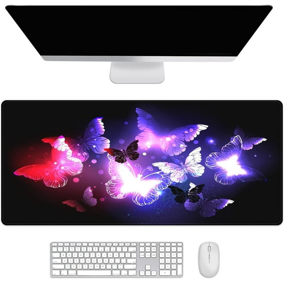 Glowing Purple Butterfly Desk Mat, Desk Accessory, Cute Workspace, Trendy Workspace, Trendy, 35.4x15.7in Large Gaming Mouse Pad, Cute Desk Topper, Pretty Desk Pad