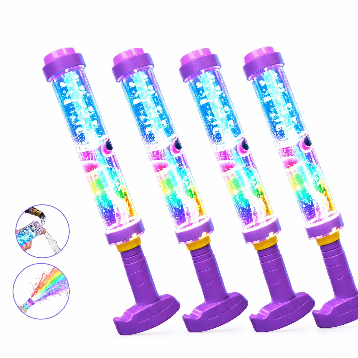 Glowing Rainbow LED Water Blaster, 2 Pack Light Up Outdoor Water Sprayer Toy with Colorful Spray Effect, Easy Fill Summer Pool Beach Backyard Water Toy (4PCS)