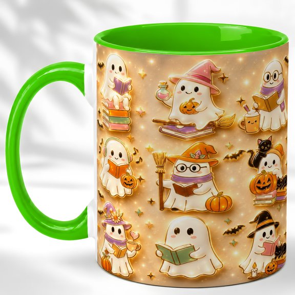 Glowing Reading Ghost Coffee Mug, Cute Halloween Mug, Ceramic 11 oz