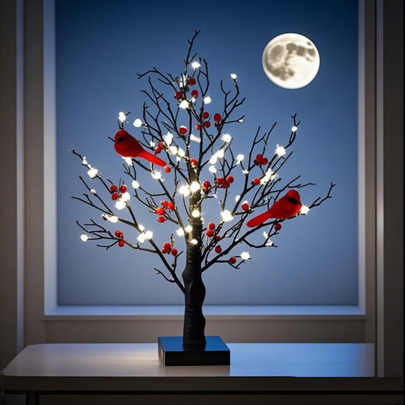 Glowing Red Bird Christmas Tree Tabletop LED Night Light Festive Holiday Ornament Home Room Aesthetic Living Room Bedside Cozy Modern Minimalist Nightlight Gift Trendy Housewarming 53.4cm,1PC