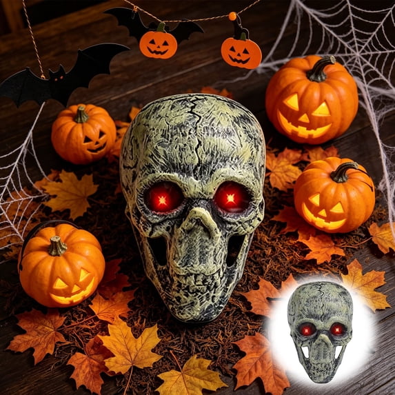 Glowing Red Eyes Skull Decor Resin Realistic Head Bone Model Human Skeleton Statue Spooky LED Ornament for Halloween Party Home Desktop Indoor
