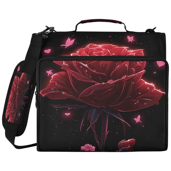 Glowing Red Rose Printed Zipper Binder with Handle&Shoulder Strap 2 inch 3 Ring 500+300 Sheet Capacity File Folder Organizer