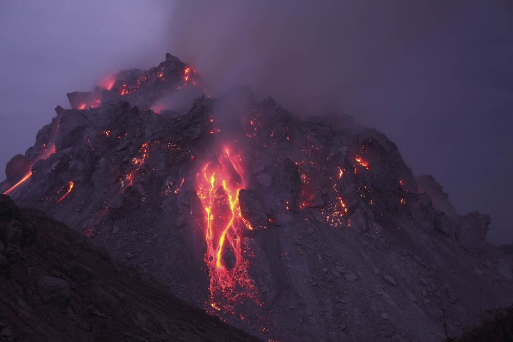 Glowing Rerombola lava dome with incandescent rockfall deposit Canvas Art - Richard RoscoeStocktrek Images (35 x 23)