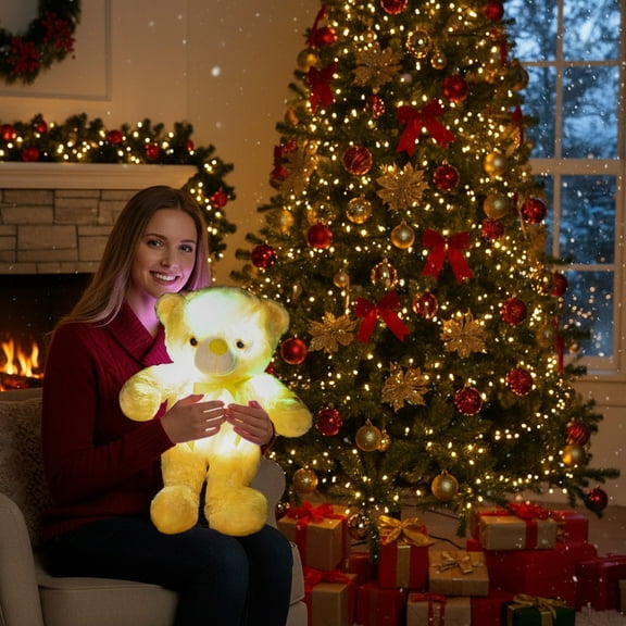 Glowing Ribbon Bear Plush Toy, Color Changing Stuffed Doll, LED Light Up Bear Toy, Soft Glowing Night Light Toy, Cuddly Plush Gift For Kids Boys Girls, Birthday Holiday Gift Toy, Cute Light Bear