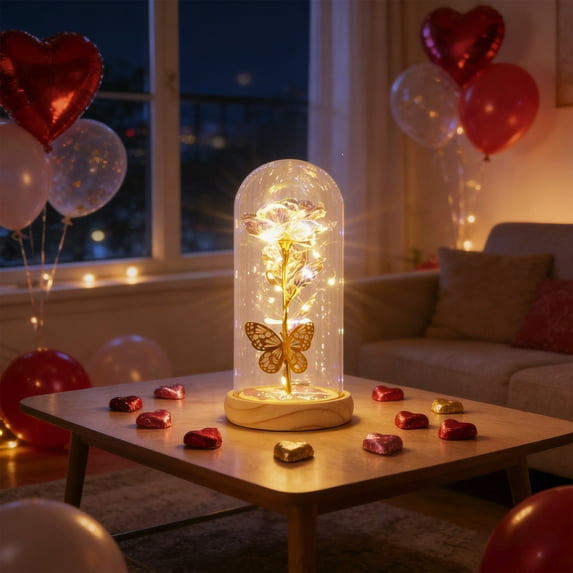 Glowing Rose Butterfly Display in Crystal Dome with LED Base Romantic Home Decor Gift for Her Valentine's Day Wedding Anniversary