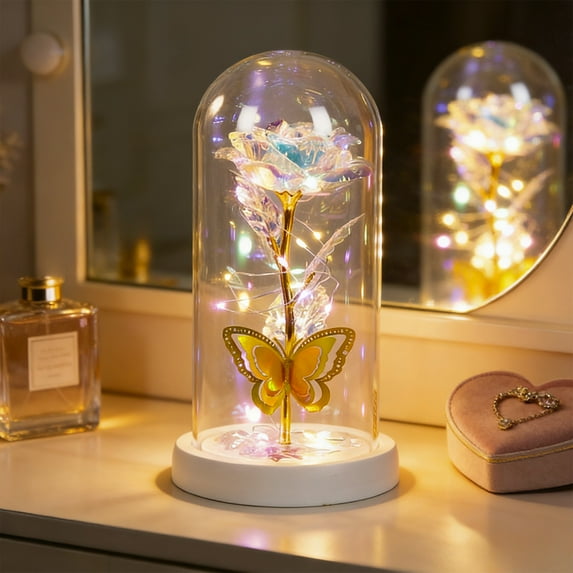Glowing Rose in Clear Glass Dome with Gold Foil & Butterflies, Eternal Crystal Flower LED Night Light, Perfect Romantic Gift for Valentine’s Day, Birthday & Anniversary, 9.06*4.35in, White