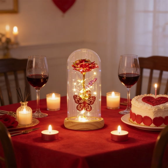 Glowing Rose Night Light, Gold Foil Preserved Crystal Flower With Butterfly Plastic Dome LED Decorative Lamp Romantic Valentines Day Gift For Bedroom Table Home Decor