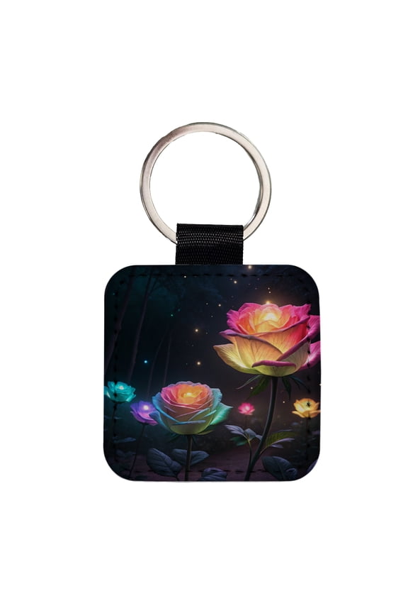 Glowing Roses Beautiful Flowers Faux Leather Square Keychain
