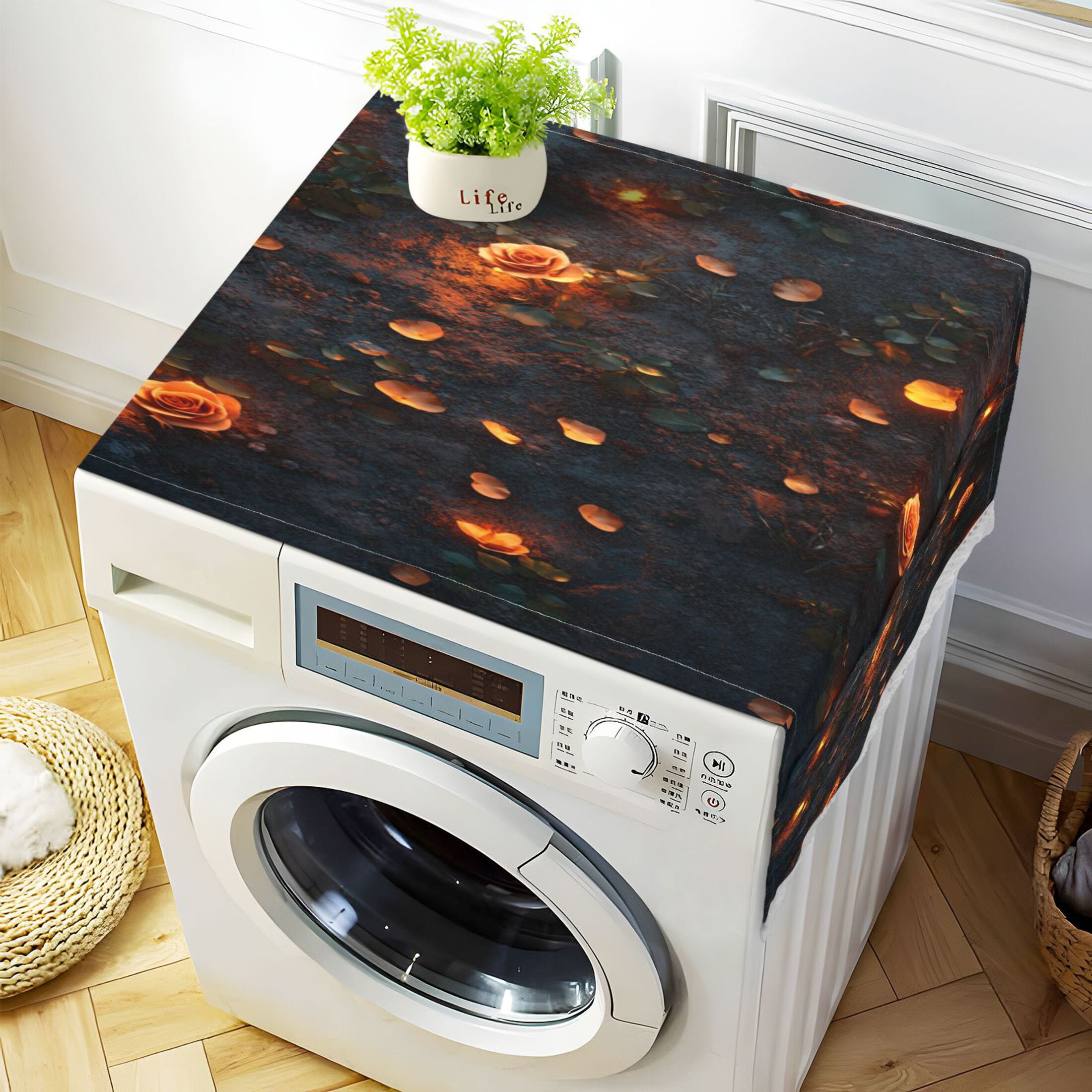 Glowing RosesWasher and Dryer Covers Dust-Proof and Oil Resistant Fridge Cover with 4 Storage Pockets Washing Machine Top Cover for Laundry Kitchen Home 51.2 x 22 In