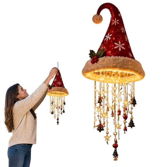 Glowing Santa Hat LED Hanging Chandelier Christmas Ornament, 3 Styles Warm White Light Holiday Hanging Lamp, Indoor Outdoor Festive Lighting Decor for Front Porch Fireplace Mantel Entryway Patio,C