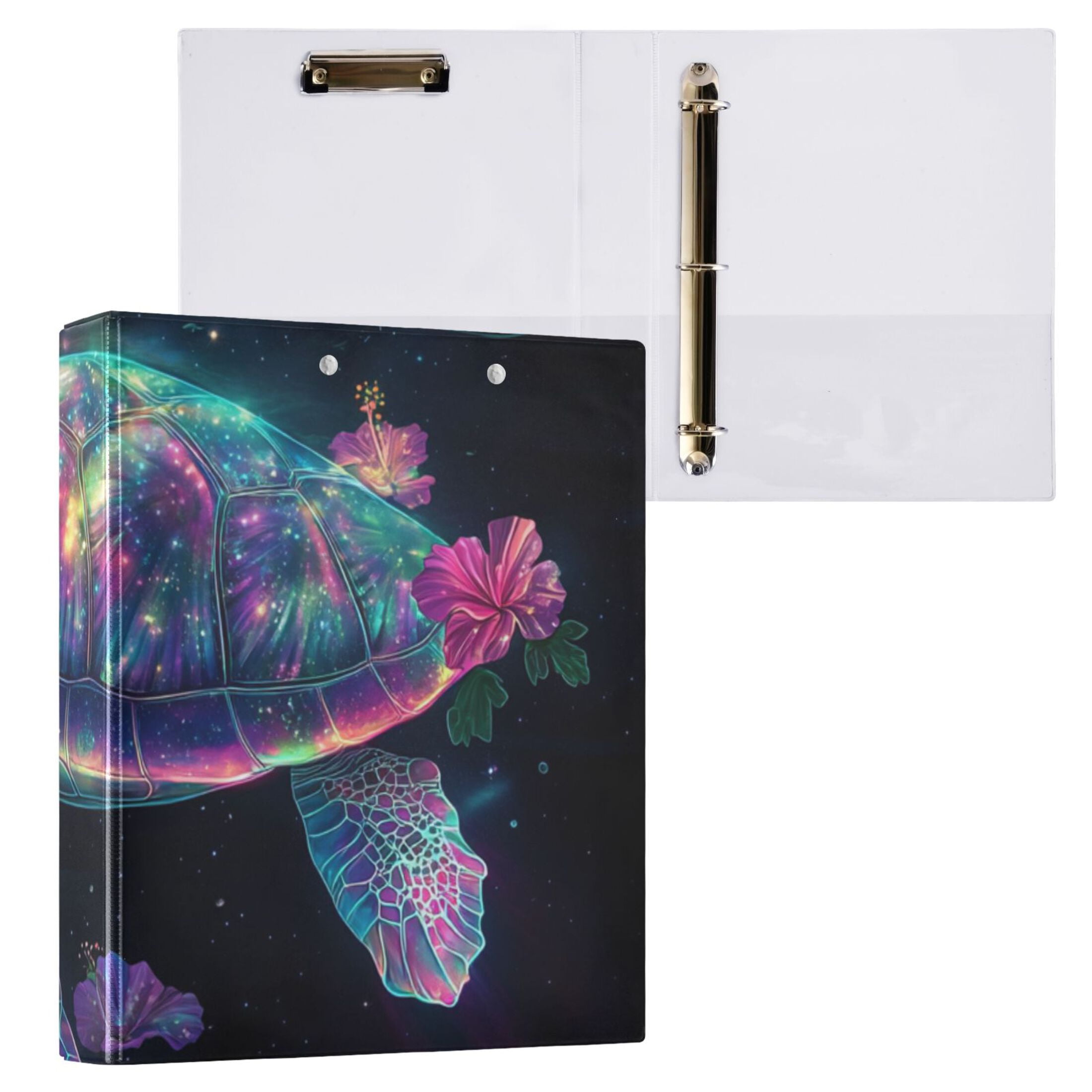 Glowing Sea Turtle Flowers 3 Ring Binders 1.5 inch Hardcover File Folders with Interior Pockets A4 Size Organizer for School Office Hospital