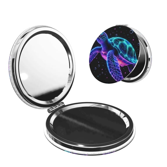 Glowing Sea Turtle Neon Portable Double-Sided Face Mirror Round Shape, Magnifying Compact Pocket Mirror with PU Leather Cover