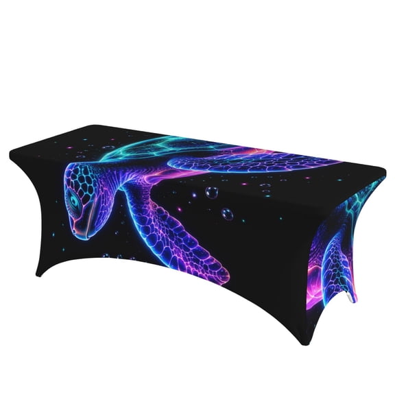 Glowing Sea Turtle Neon Stretch Rectangular Table Cover 6FT Elastic Fitted Tablecloth for Parties, Weddings, Banquets