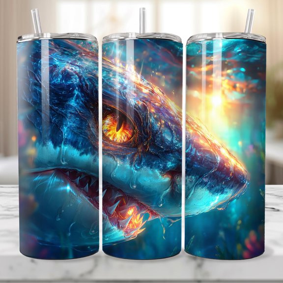 Glowing Shark 20 oz Skinny Tumbler, Intense Ocean Predator, Fantasy Shark Face Art, School