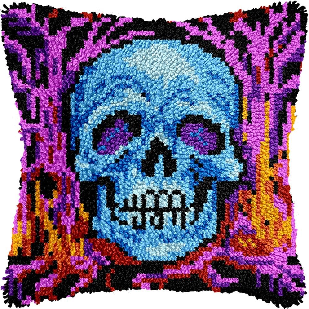 Glowing Skull Latch Hook Pillow Kits for DIY Throw Pillow Cushion Embroidery Latch Hooking Pillowcase Kits with Preprinted Canvas Crochet Yarn Kits for Home Decor 17''X 17''(d108)