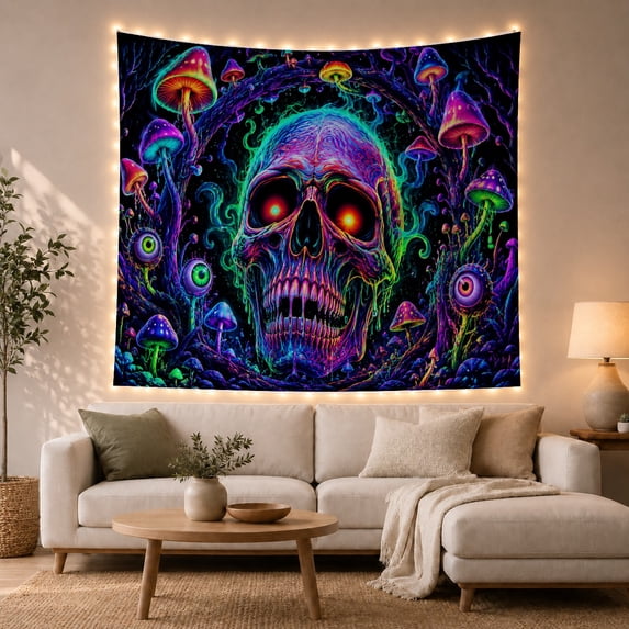 Glowing Skull Under Neon Mushroom Arch, Eerie Psychedelic Style for Gothic Decor Fans, Blacklight Wall Art, Halloween Gift, Tapestry Wall Hanging for Bedroom and Dorm