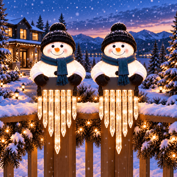 Glowing Snowman with Icicles Fits on Railing, Snowman Icicle Railing Light, Weatherproof LED Clip-On Snowman Lights, Instant Railing & Porch Setup, Bright Holiday Glow for Outdoor Winter Decor