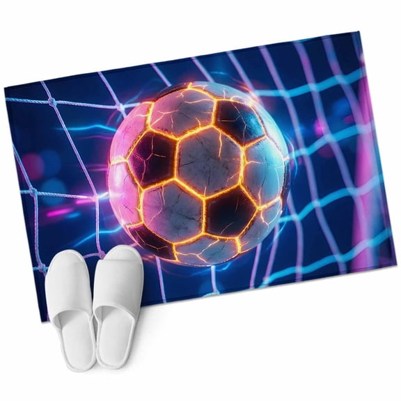 Glowing Soccer Bathroom Rug Washable 2x3 Entryway Rug Non Slip Neon Grid Sports Football Gaming Front Door Mat Low Pile Indoor Doormat Throw Floor Carpet for Kitchen Bedroom Entrance