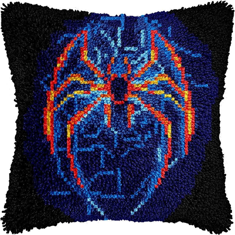 Glowing Spider Latch Hook Kits Pillow DIY Pillowcase Crochet Hook Cushion Making Kits with Preprinted Pattern Canvas Instruction Yarns Pillow Cover Easy Starter DIY Crochet Kits 43x43cm（L62)