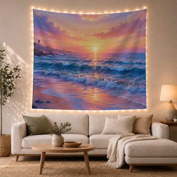 Glowing Sun Over Ocean Waves with Palm Trees on Coastal Cliff, Dreamy Boho for Beach Lovers, Sunset Seascape Decor, Housewarming Gift, Tapestry Wall Hanging for Bedroom and Living Room