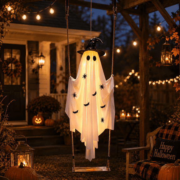 Glowing Swing Ghost 60in with Witch Hat Remote Control String Lights 8 Modes Spooky Decor for Tree Porch Yard Lawn Outdoor Halloween Decorations