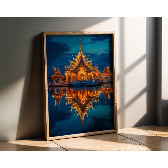 Glowing Thai Temple Print , Night Water Reflection Art , Luxury Gold Wall Decor , Poster Print Only