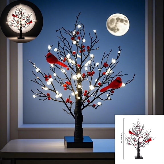 Glowing Tree with Cardinals, 21" Vintage Glowing Tree with Red Birds and Berries, Twinkle Tree Lamp with Lighted Branches, Christmas Light Up Holiday Tree for Home Table Decor