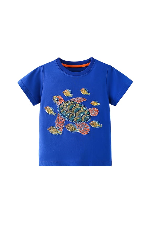 Glowing Turtle Embroidery Boys Short Sleeve T Shirt Summer Casual Round Neck Top For Kids Light Up Graphic Tee