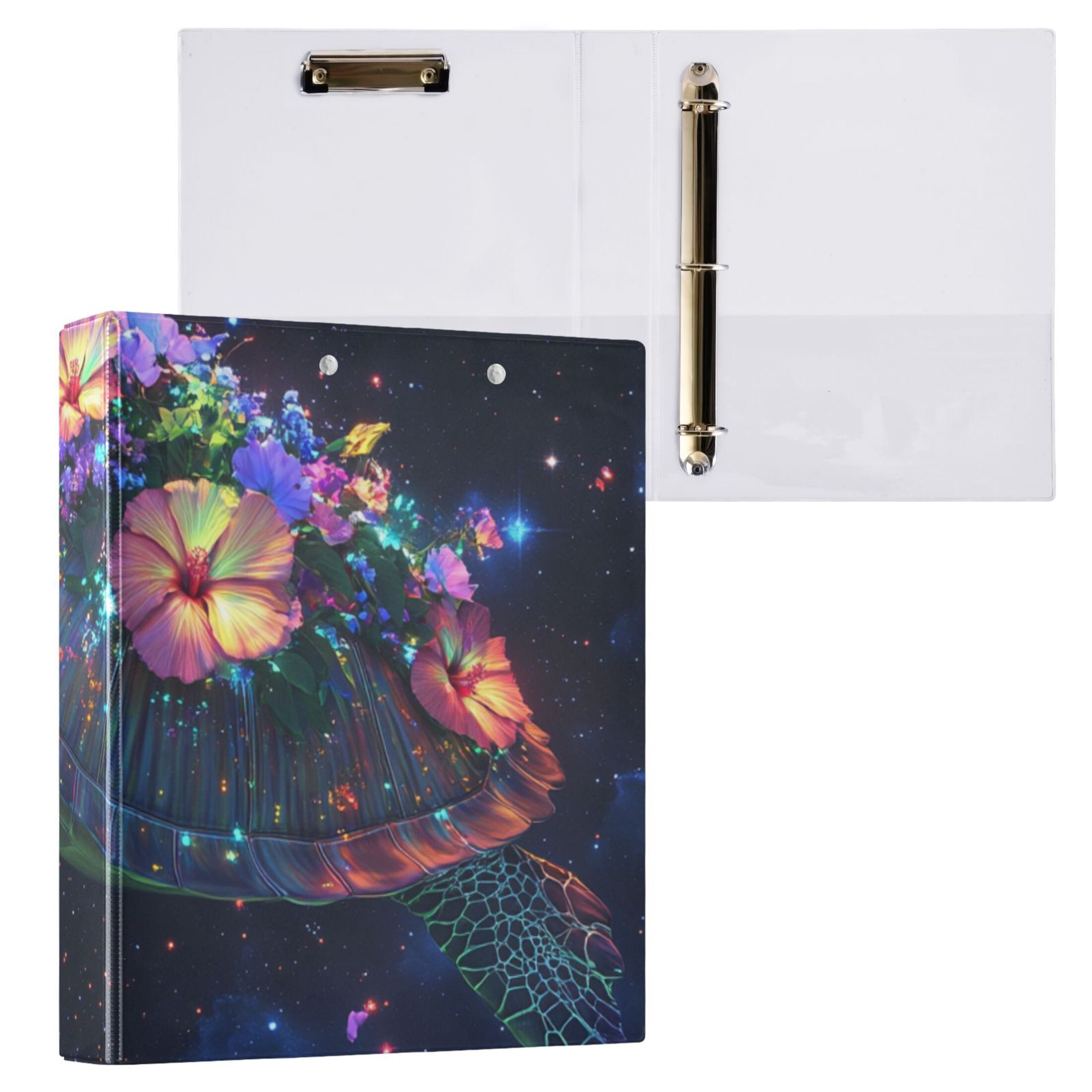 Glowing Turtle Flowers Sky 3 Ring Binders 1.5 inch Hardcover File Folders with Interior Pockets A4 Size Organizer for School Office Hospital