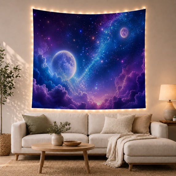 Glowing Two Moons Beside a Starry Galaxy, Dreamy Surreal for Space Lovers, Astronomy Home Decor, Housewarming Gift, Tapestry Wall Hanging for Bedroom and Living Room