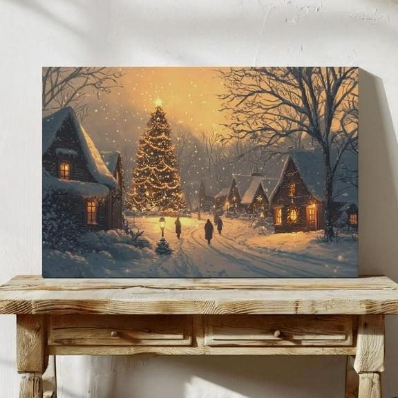 Glowing Village Wall Art Print - Cozy Winter Scene, Festive Holiday Decor, Snowy Night Lights, Rustic Seasonal Home Accent Wall Art, Modern Wall Decor, 8x12 UNFRAMED