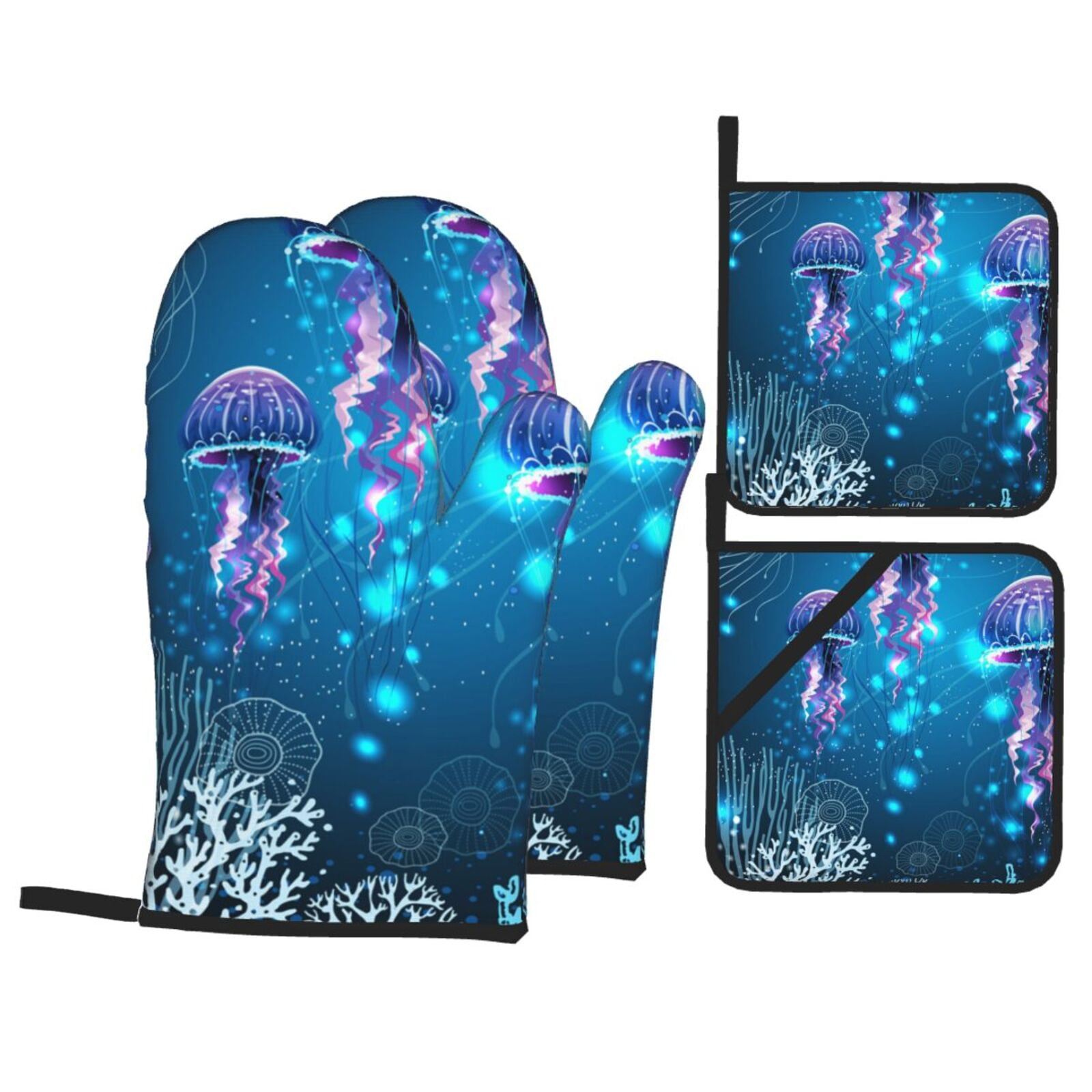 Glowing Vivid Jellyfishes 4Pcs Oven Mitts and Pot Holders Sets Oven Kitchen Gloves Hot Pads for Cooking BBQ Baking Grilling