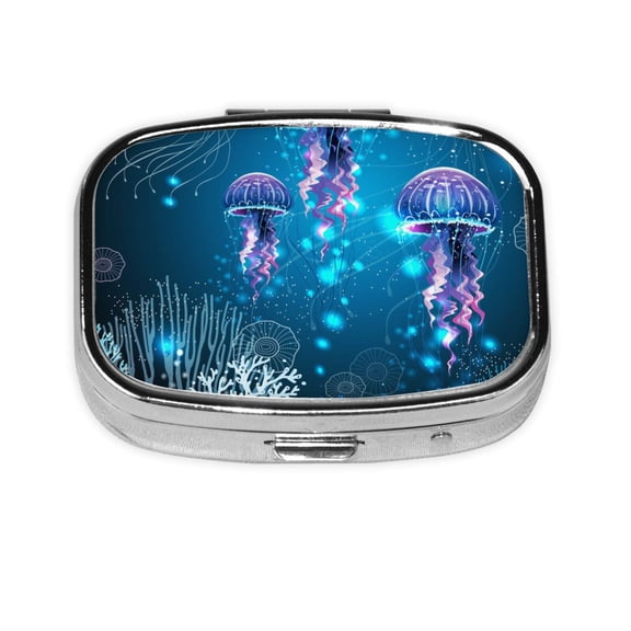 Glowing Vivid Jellyfishes Square Pill Box 2 Compartment Pill Case Medicine Organizer Decorative Gift for Purse Pocket