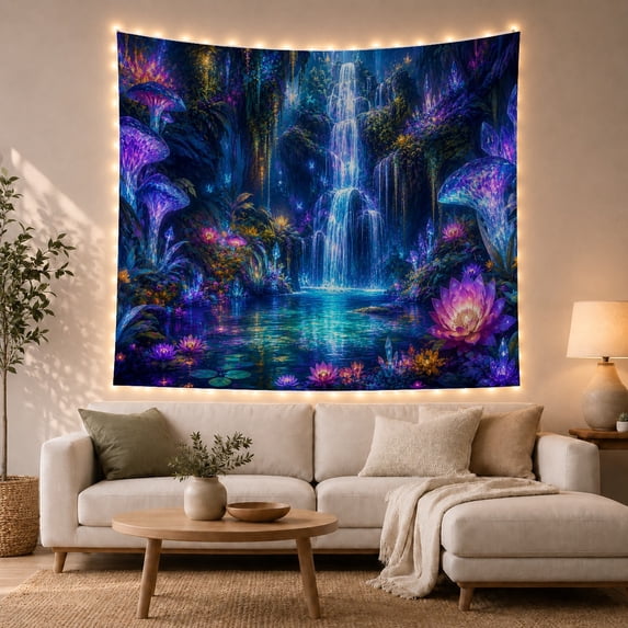 Glowing Waterfall in a Dark Forest with Mushrooms and Crystals, Mystical Psychedelic for Nature Lovers, Fantasy Wall Decor, Halloween Gift Tapestry Wall Hanging for Bedroom and Living Room